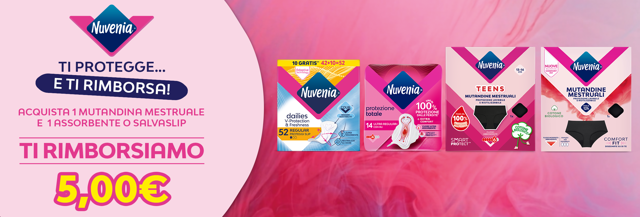 Immagine desktop del Cashback Nuvenia ti protegge e ti rimborsa 2026 Con l'acquisto di 1 mutandina mestruale + 1 assorbente/salvaslip ricevi un rimborso di 5€