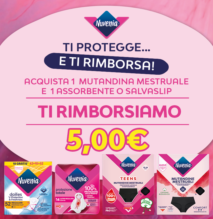Immagine per smartphone del Cashback Nuvenia ti protegge Con l'acquisto di 1 mutandina mestruale + 1 assorbente/salvaslip ricevi un rimborso di 5€